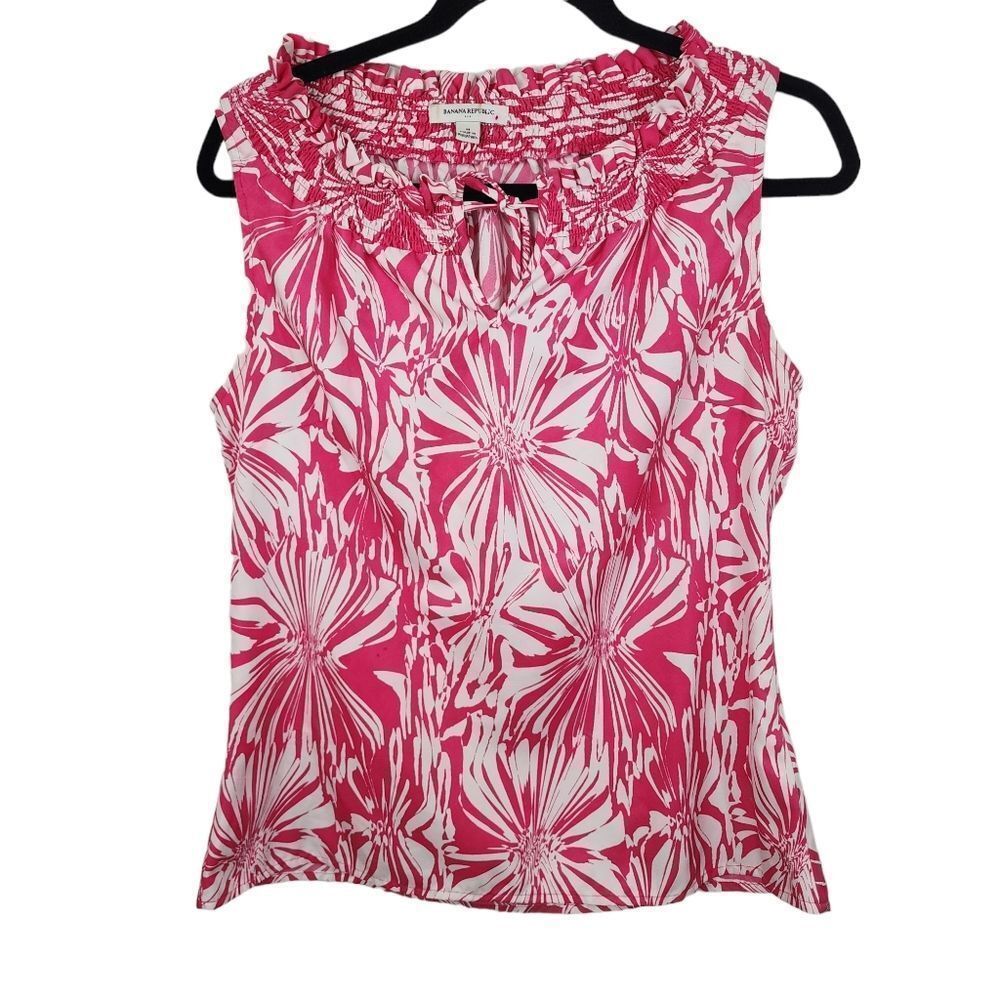 Banana Republic Ruffle Collar Hot Pink White Sleeveless Blouse Size Medium